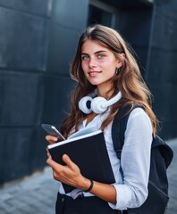 A law student stands confidently on campus, smiling while holding a notebook and phone. She wears headphones around her neck, enjoying a sunny afternoon and preparing for her studies