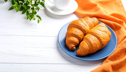 Croissants on a plate, coffee, and greenery