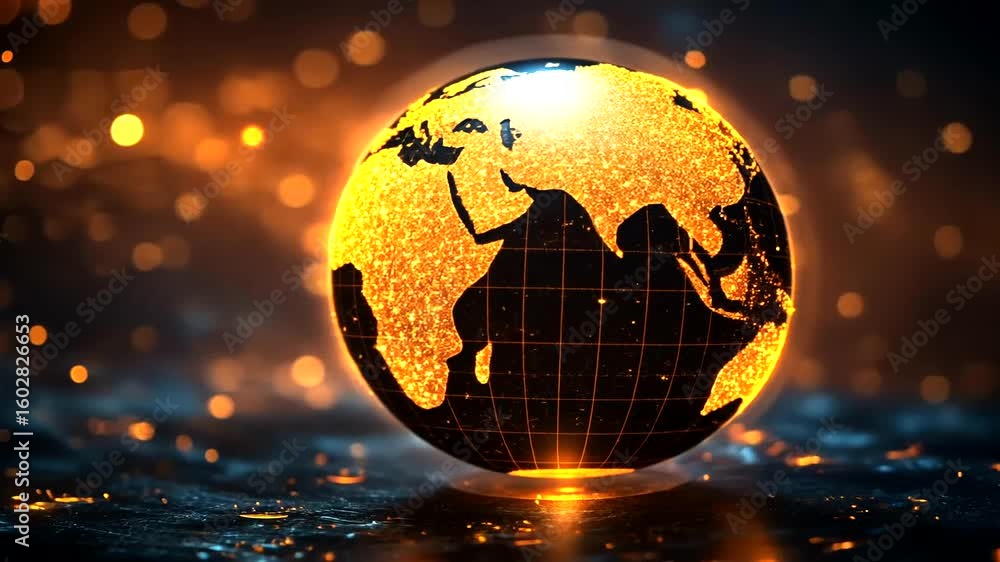 Poster global connectivity: a dynamic representation of the world with golden illumination