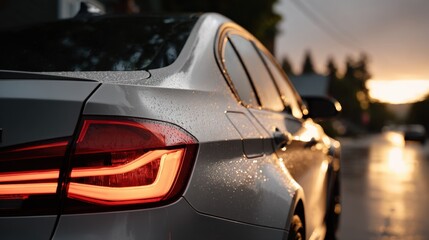 A striking low-angle perspective highlights the glossy rear of a grey vehicle accentuated by rain droplets, set against a vibrant sunset. The scene evokes a serene yet dynamic atmosphere