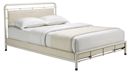 Fototapeta premium Elegant cream metal bed frame with plush upholstered headboard and crisp white linens.