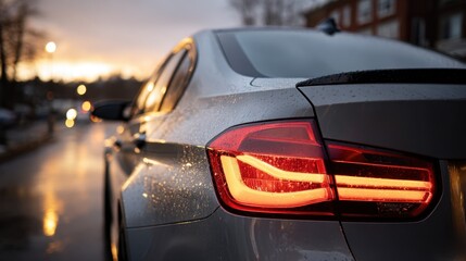 A grey car is captured from a low angle, showcasing its glowing taillights while parked on a wet street. Raindrops glisten as the sunset creates a colorful backdrop