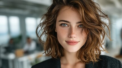 A young woman stands confidently, facing the camera with a friendly expression. Her brown hair is styled in loose waves, and she appears in a contemporary office with colleagues in the background