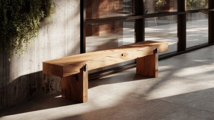 This elegant wooden bench is positioned in a contemporary setting, bathed in natural light. Its unique design complements the minimalist decor, enhancing the overall ambiance of the room