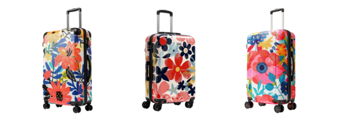 A collection of modern hard-shell suitcases with colorful floral designs in a summer theme, isolated on a transparent background. PNG