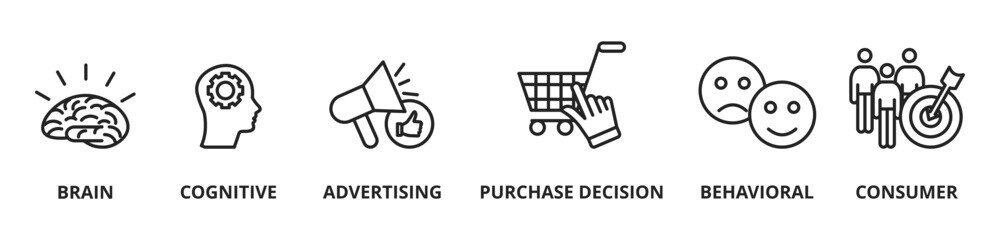 Neuromarketing vector illustration, Commercial marketing conceptual banner with icons and keywords