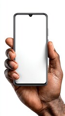 A man confidently grips a blank-screen mobile phone, emphasizing the possibilities of technology. The focus is on his hand and the phone, hinting at modern communication and creativity