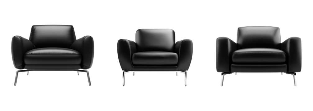 Collection of elegant black leather armchairs in a luxurious, vintage-style office interior, isolated on a transparent background. PNG