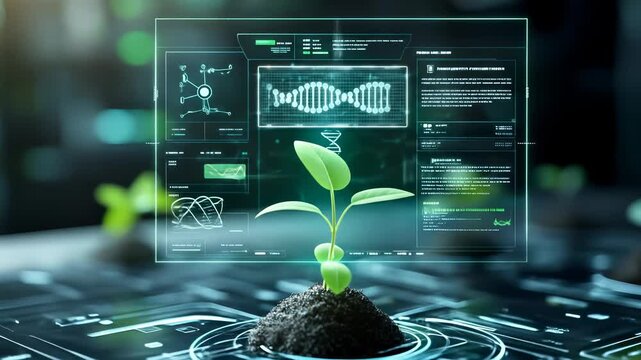 Futuristic plant biotechnology and genetic engineering in digital agriculture with young seedling in soil, holographic data interface, laboratory DNA analysis, innovation, and sustainability science - Powered by Adobe