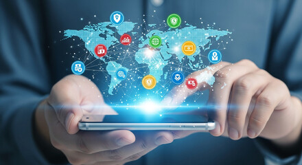 Hands hold smartphone, displaying global network with financial icons, symbolizing international business, digital finance, and global connectivity