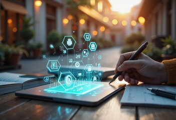 A person using a tablet to create digital designs with holographic interface elements. Perfect for tech, design, and innovation-themed projects.