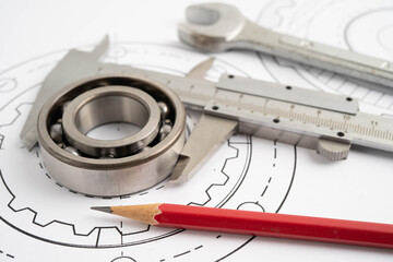 Engineering and precision tools with metal ball bering, mechanical industrial.