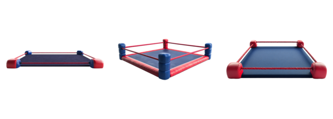 A collection of realistic boxing rings with red and blue corner pads, isolated on a transparent background. PNG