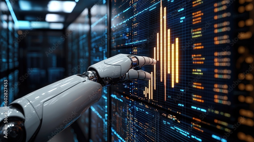 Aufkleber robot hand touching a rising bar chart glowing on a futuristic digital display