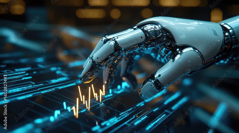 Aufkleber robot hand touching a rising bar chart glowing on a futuristic digital display