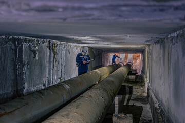 Male worker inspection of rusted steel pipe, underground steel deterioration, widespread corrosion, and confined spaces