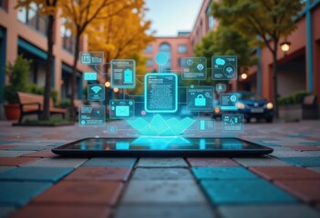 A tablet showcases digital holograms in an urban setting, symbolizing innovation in technology, data management, and smart solutions for modern business.