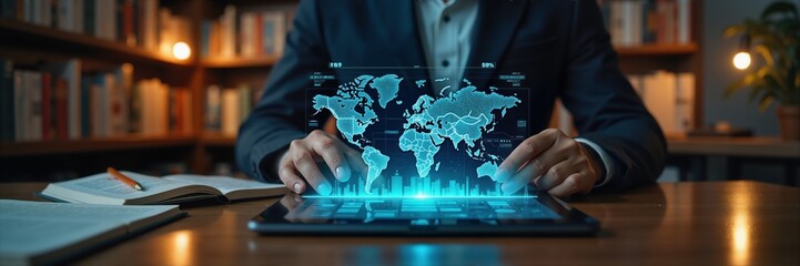A businessman interacting with a glowing digital world map on a tablet, showcasing advanced technology and global connectivity in a modern workspace.