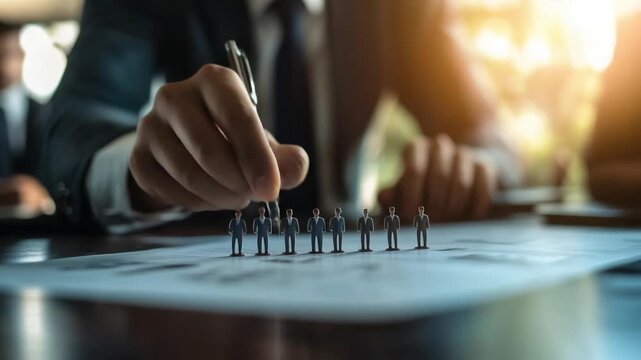 HR manager strategically arranges figurines to symbolize talent network planning and recruitment strategies.