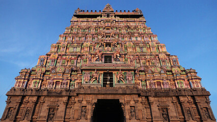 A gateway tower full of colorful carvings at Nataraja Temple, Chidambaram, Tamil Nadu, India