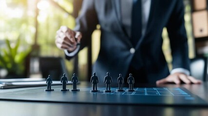 A 40HR professional strategically arranges figurines on a desk to visualize the company's talent network for future recruitment, with each piece symbolizing a distinct role.