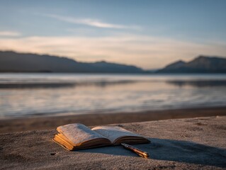 Open journal rests on a sandy shore, a pen beside it, with a tranquil sunset reflecting on calm water and distant mountains in the background