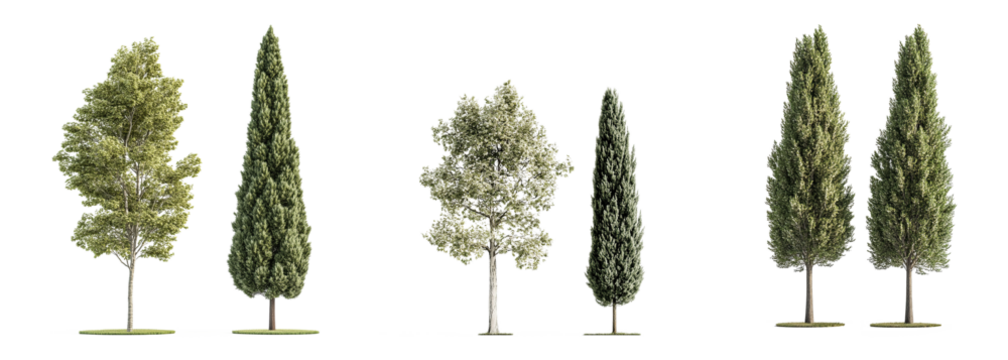 A collection of realistic poplar and spruce trees, isolated on a transparent background. PNG