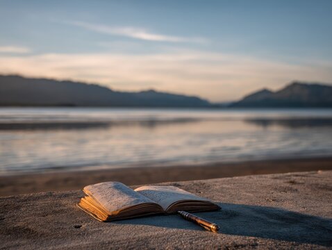 Open journal rests on a sandy shore, a pen beside it, with a tranquil sunset reflecting on calm water and distant mountains in the background - Powered by Adobe
