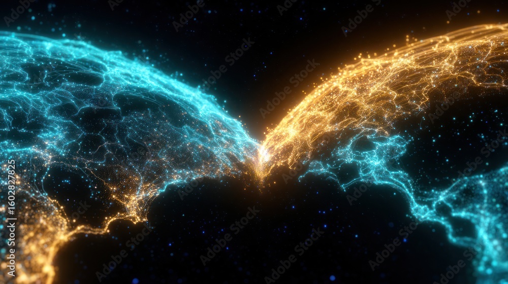 Poster digital network connection between two glowing regions
