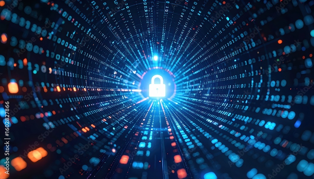 Poster digital data security concept featu a bright lock icon at the center of a technological blue virtual