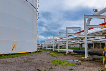 White fuel oil storage tank with blue sky background, Storage tank important infrastructure for oil and gas, The storage tank place to receive and store oil at fuel terminal