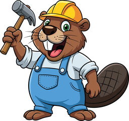 Cartoon beaver builder character wearing helmet and overalls, holding hammer, construction mascot illustration for kids, logo, design, or animation