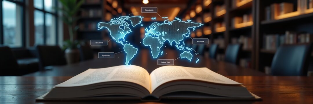 An open book in a library with a digital world map overlay, symbolizing knowledge, exploration, and global connectivity in education and business. - Powered by Adobe