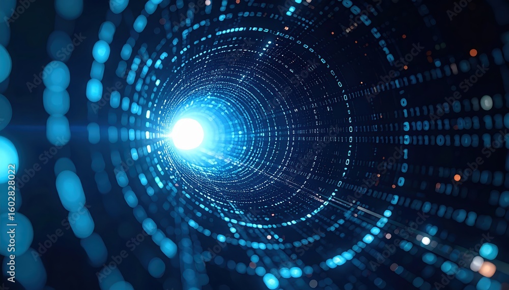 Poster futuristic digital tunnel with glowing blue data points creating a high-tech spiral effect for techn