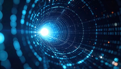 Futuristic digital tunnel with glowing blue data points creating a high-tech spiral effect for technological innovation and advanced digital communication concepts