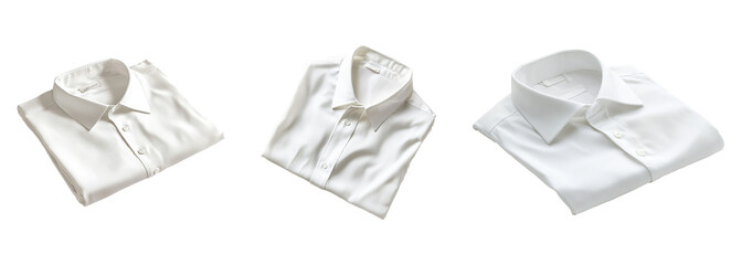 A collection of short-sleeved cotton shirts in a smooth, white fabric texture, isolated on a transparent background. PNG