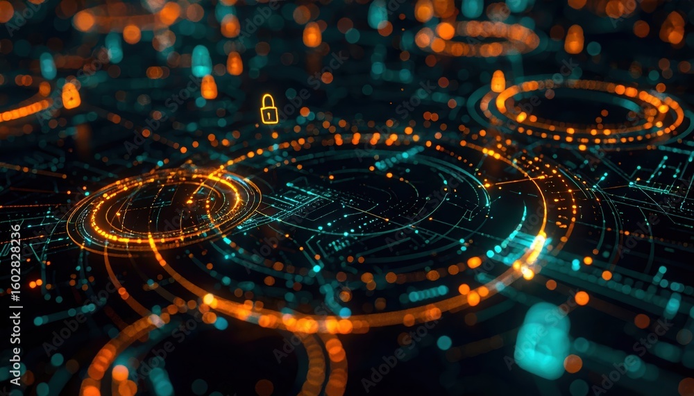 Poster futuristic digital technology concept with glowing circuits and icons representing security privacy 