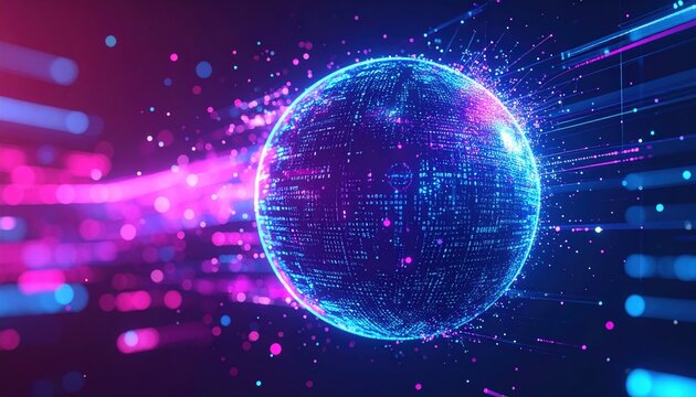 Digital futuristic globe with data streams and bright vibrant glowing points representing technology connectivity and digital world concept