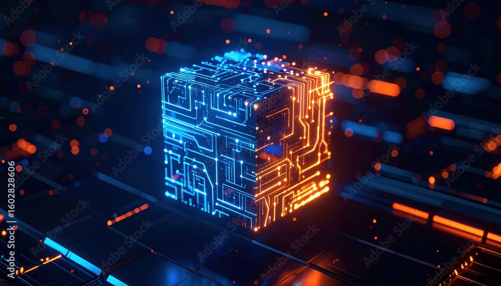 Poster vibrant digital cube with intricate circuitry and glowing lines representing technology innovation a