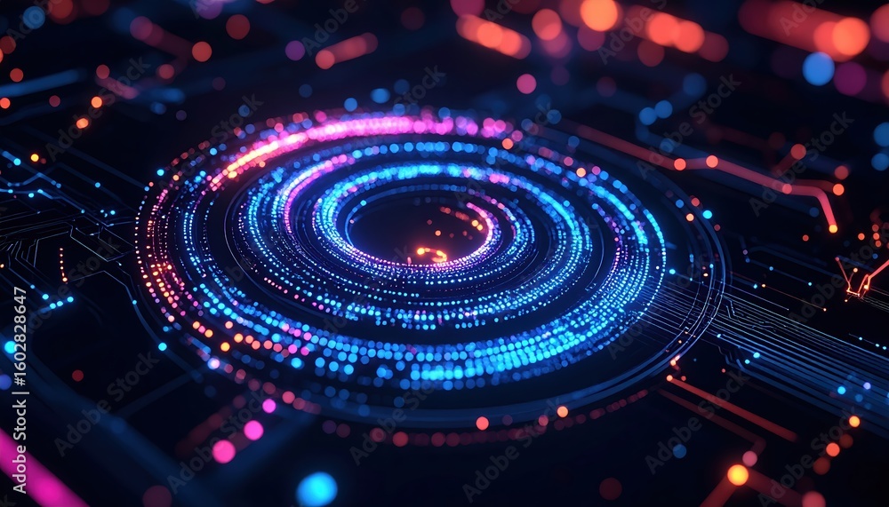 Poster abstract digital technology background with glowing circular data streams and futuristic holographic