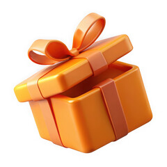 A bright orange gift box with a ribbon bow is open and floating in the air isolated on transparent background