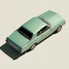 Isometric view of a pale green classic coupe, showcasing its sleek lines and design details against a light beige background, with a subtle drop shadow