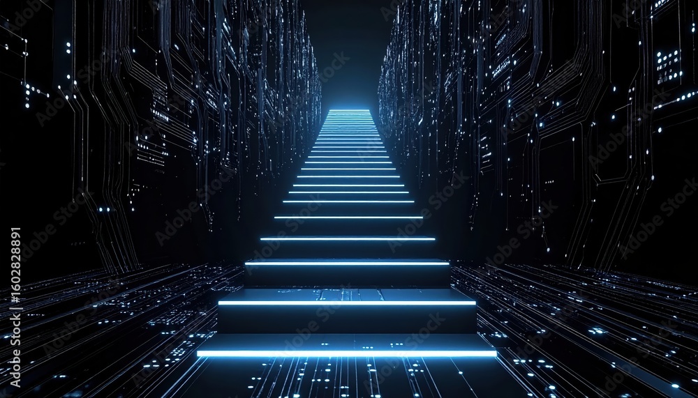Poster futuristic digital corridor with illuminated steps and high tech cyber environment featu glowing lin
