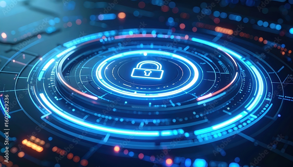 Poster futuristic digital security interface with glowing lock icon and circular data protection graphics i