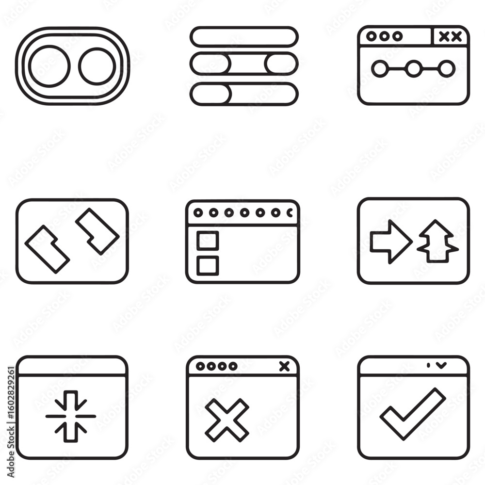 Poster collection of line art user interface icons representing common digital functionality
