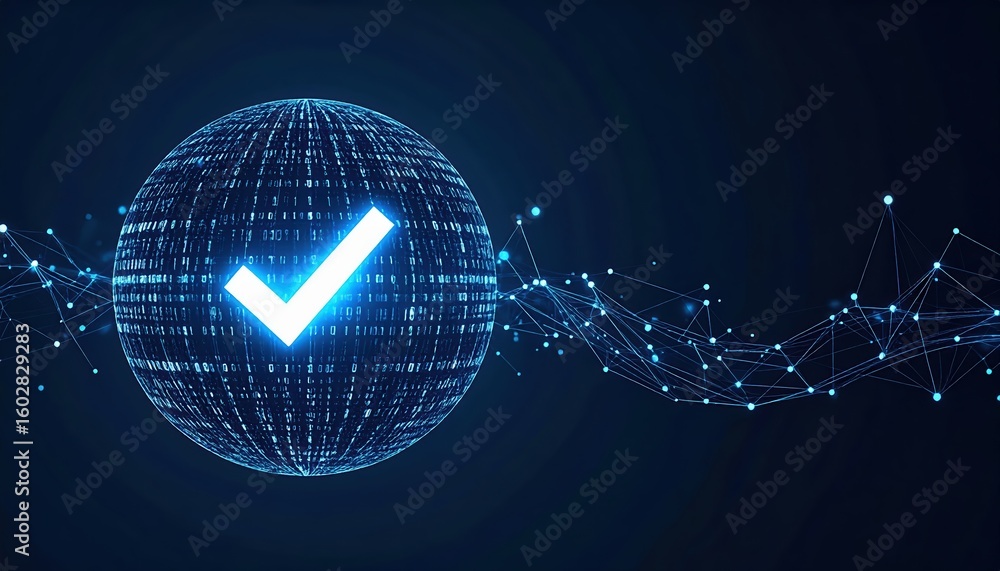 Poster digital security concept featu a glowing check mark inside a futuristic globe with interconnected li