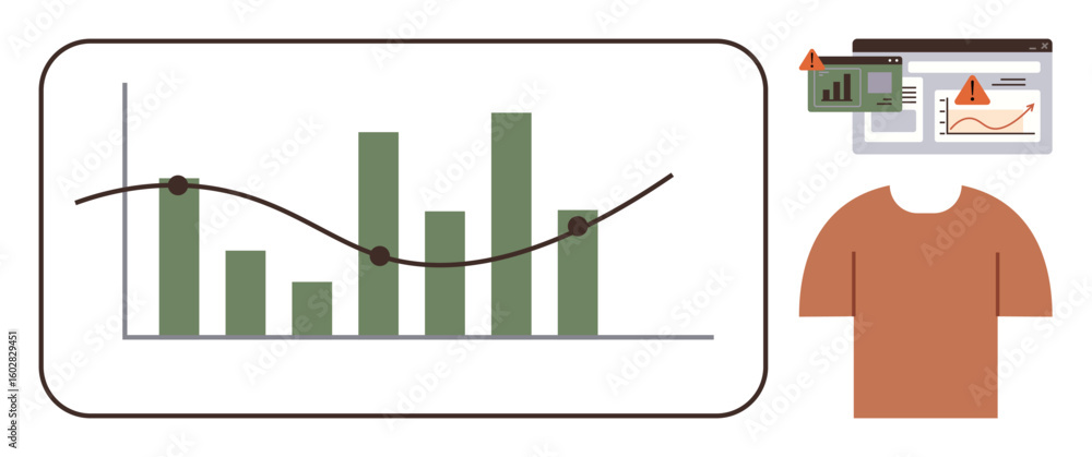 Poster bar graph with trendline, web analytic dashboards, and clothing element symbolize data insights, com