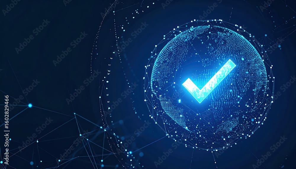 Poster digital technology concept with a glowing check mark inside a futuristic globe representing security