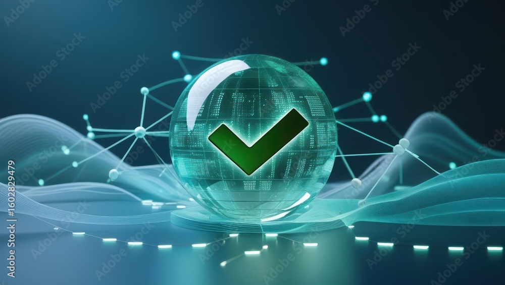 Poster futuristic digital globe with checkmark symbol surrounded by interconnected data points and smooth w