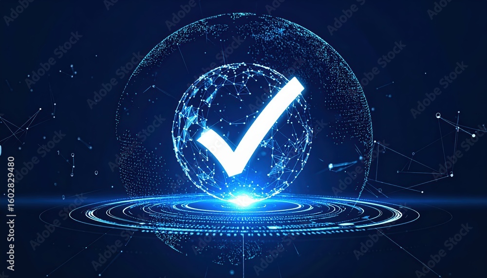 Poster digital security abstract with globe and checkmark for data protection, cyber safety, and online pri